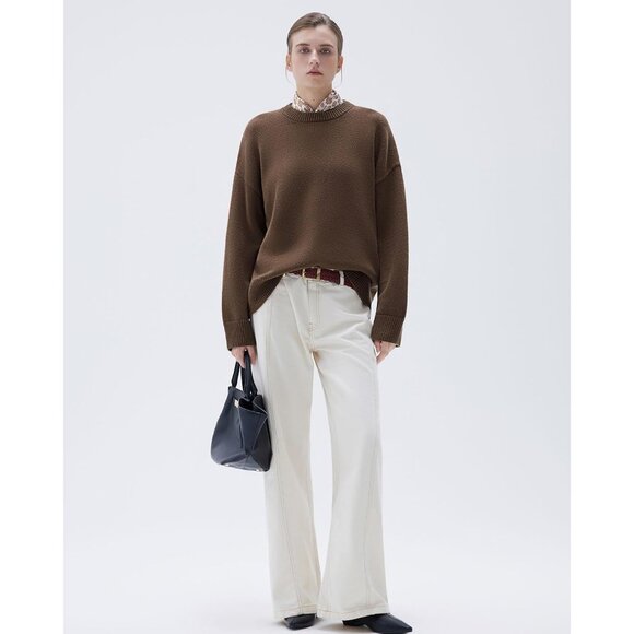 Women Cashmere Blend Oversized Crew Neck Cocoa Brown Soft Warm Pullover Sweater - Picture 5 of 5